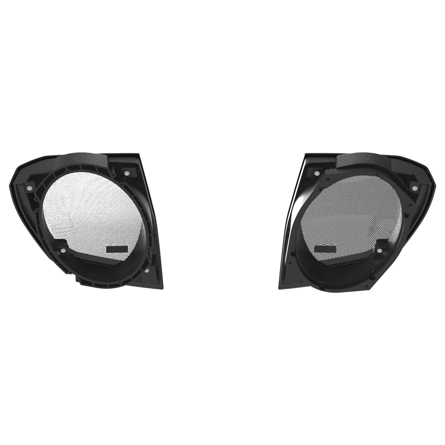 Two black SM69F4 light housings, part of the 2024+ Harley Davidson® Cut-In Lid Kit, are side by side on a white backdrop. They are empty, showing textured reflective interiors and smooth edges, designed to fit vehicle contours resembling sleek Harley Davidson components (Model: RPMSM694LK24).