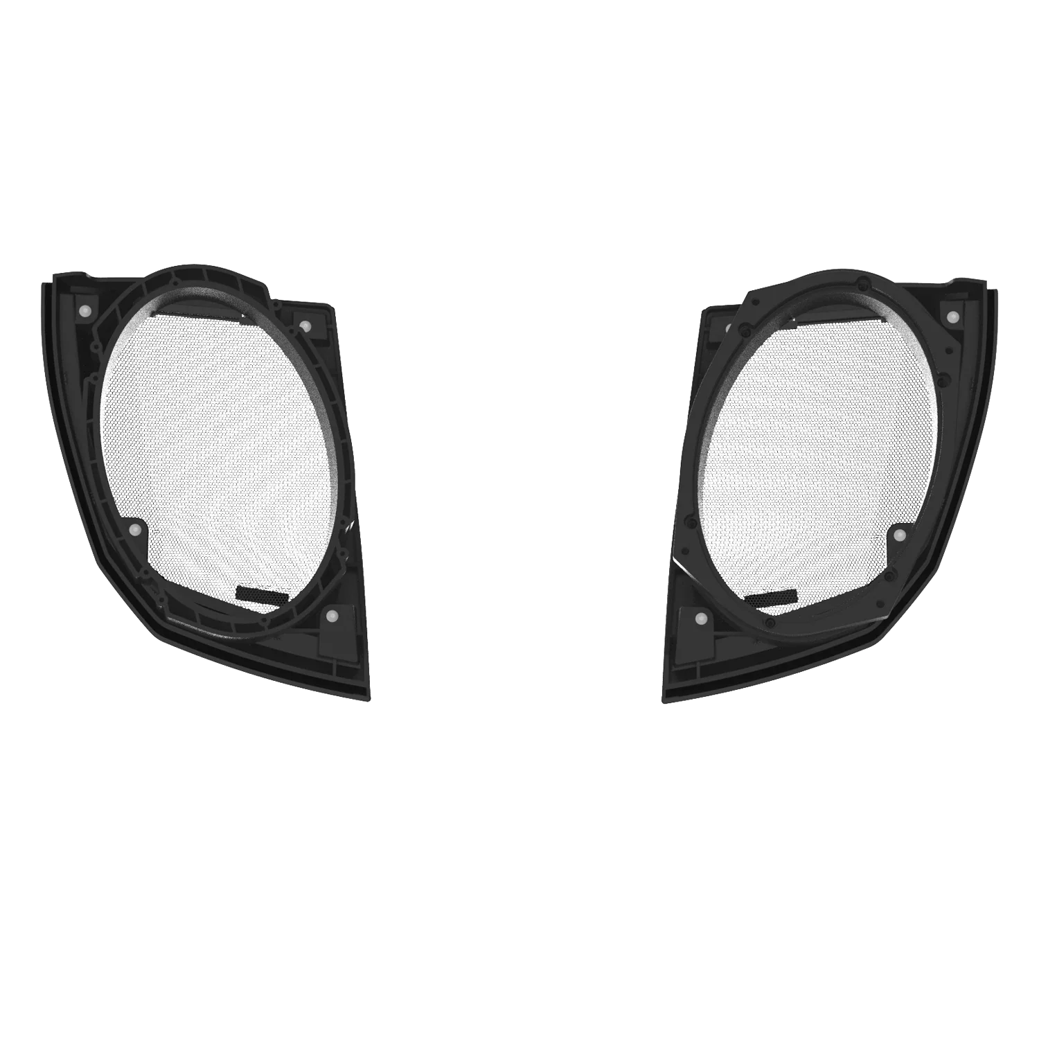 Displayed against a white background are two black oval plastic covers with mesh centers designed for the 2024+ Harley Davidson® Cut-In Lid Kit with Stroker ST69CX (4Ω) speakers. Each cover features slightly curved edges and four small screw holes, allowing sound passage through the mesh.