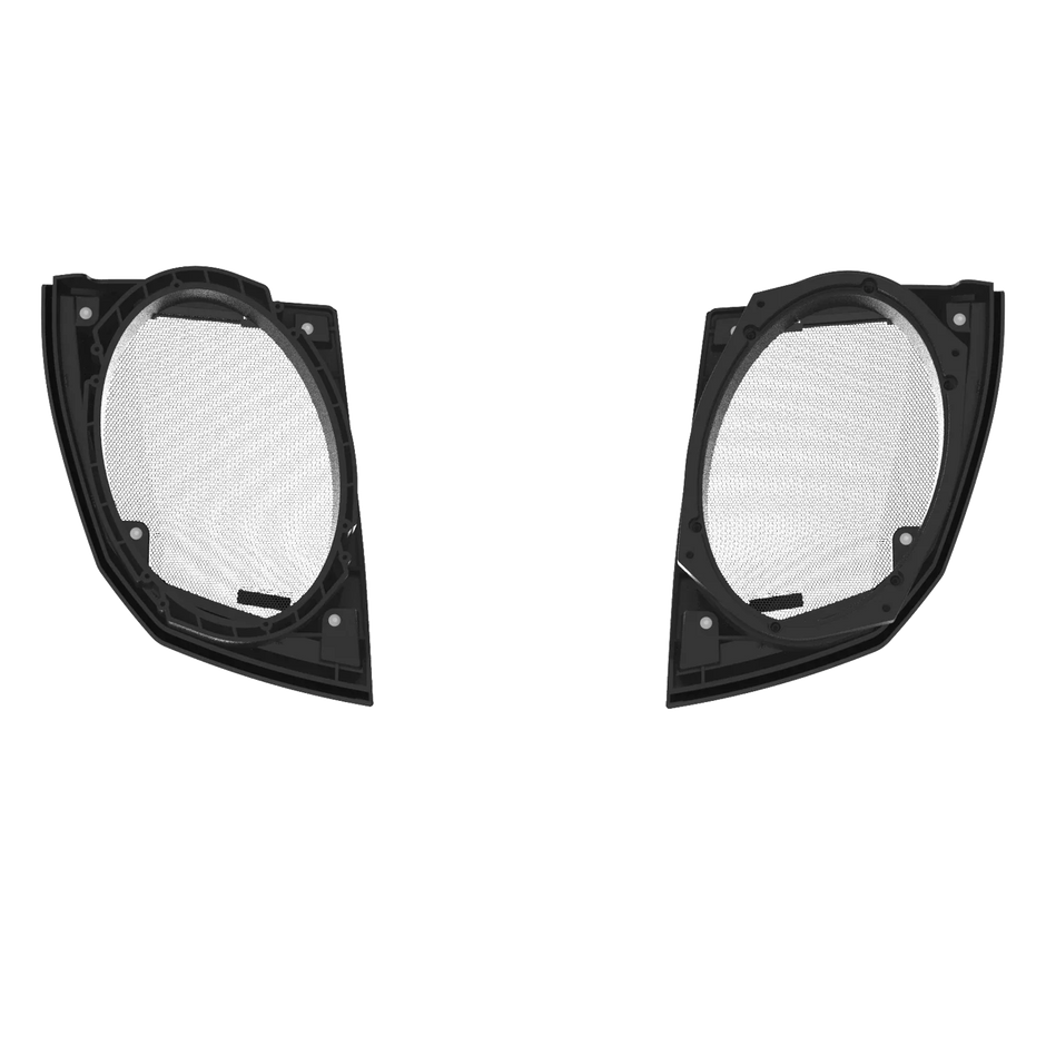 Displayed against a white background are two black oval plastic covers with mesh centers designed for the 2024+ Harley Davidson® Cut-In Lid Kit with Stroker ST69CX (4Ω) speakers. Each cover features slightly curved edges and four small screw holes, allowing sound passage through the mesh.