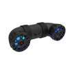The UTV Bluetooth Speakers have a sleek black cylindrical design with two end speakers featuring blue LED lighting. A central control knob sports the logo, and the speaker units are connected at a right angle.