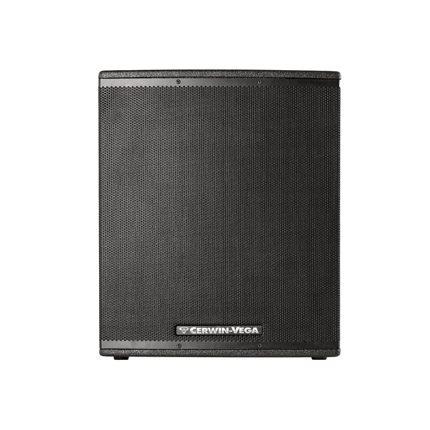 The CVX Series 21" Powered Subwoofer - CVX-21S by Cerwin-Vega is a sleek black rectangular speaker with rounded edges, small feet, and a textured front grille featuring a logo at the bottom center, ideal for professional audio use.