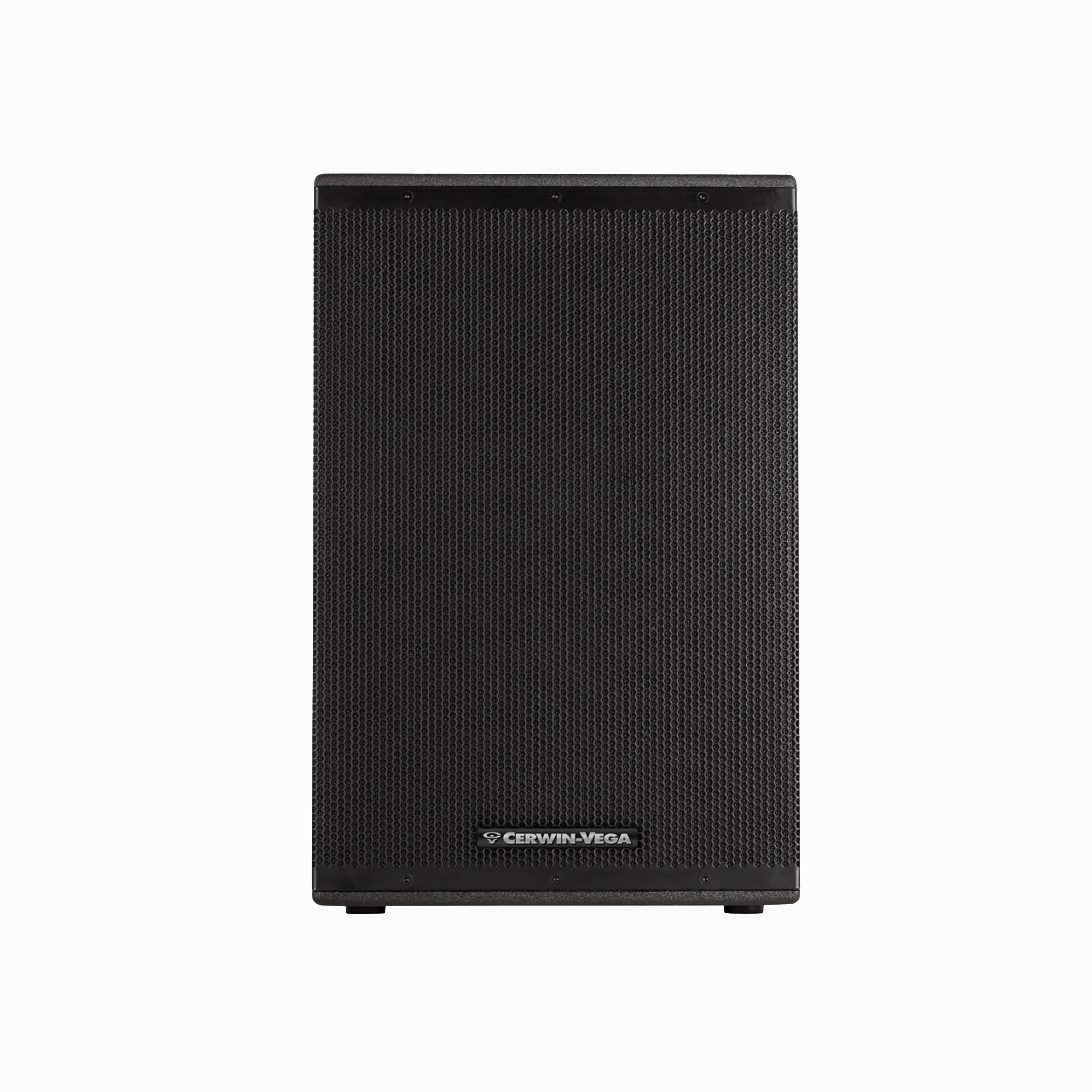The sleek black Cerwin-Vega CVXL-115, part of the CVXL Series, features a textured rectangular cover with a bottom-center logo. Set against a white background, this 2-way powered loudspeaker showcases its sophisticated design and subtle edge detailing.