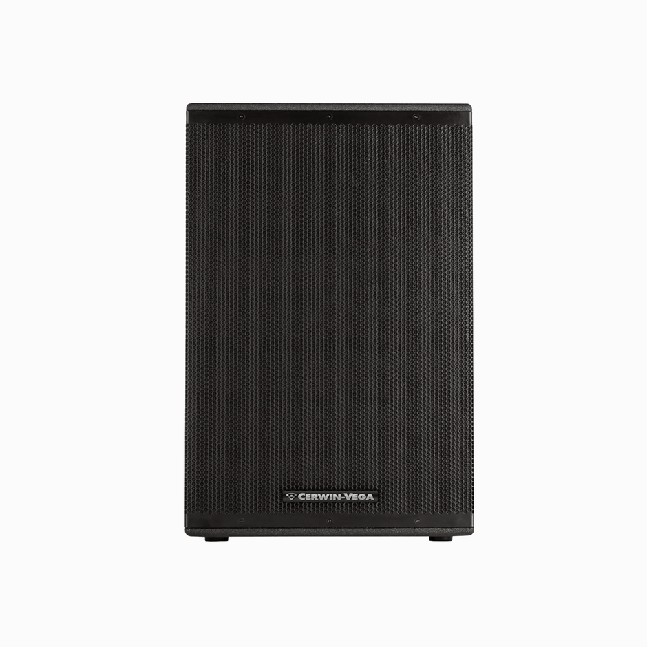The sleek black Cerwin-Vega CVXL-115, part of the CVXL Series, features a textured rectangular cover with a bottom-center logo. Set against a white background, this 2-way powered loudspeaker showcases its sophisticated design and subtle edge detailing.