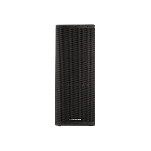 The Cerwin-Vega CVXL-215 Dual 15" 2-Way Powered Loudspeaker features a tall, black, rectangular design with a fine mesh grille. Its sleek look is complemented by Class D amplifiers for superior audio performance and the brand's logo prominently displayed at the bottom center.