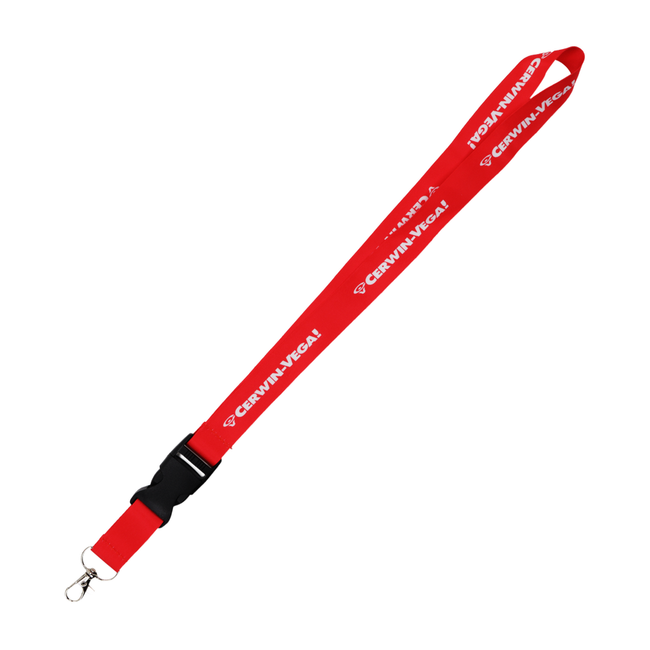 The Cerwin-Vega Mobile Lanyard, model CVMLANR, features vibrant red with "CERWIN-VEGA!" in white, a black detachable plastic clip, and a metallic swivel hook against a vertically streaked background of pink, white, and gray.
