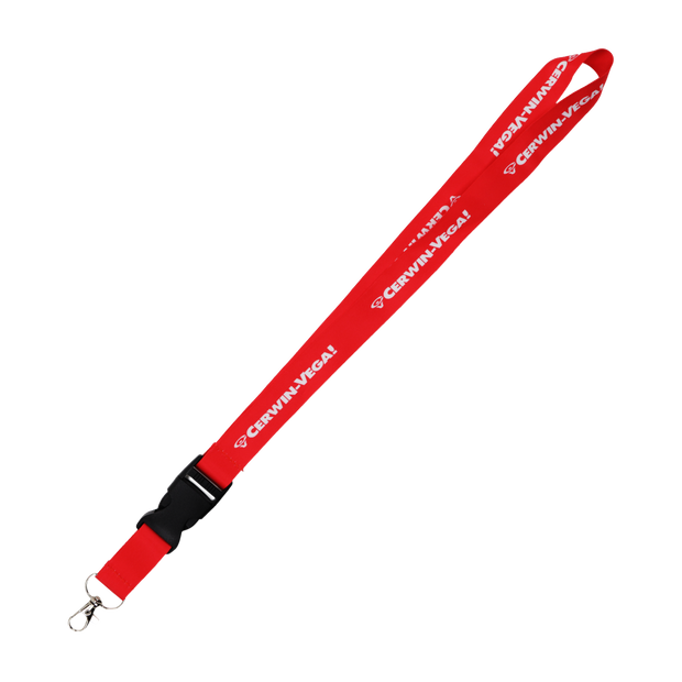 The Cerwin-Vega Mobile Lanyard, model CVMLANR, features vibrant red with "CERWIN-VEGA!" in white, a black detachable plastic clip, and a metallic swivel hook against a vertically streaked background of pink, white, and gray.