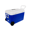 The 55QT Blue Cooler, model CVC65B, features a wheeled design for easy portability, a black spigot, sturdy white lid with recessed cup holders, handle for pulling, two black wheels, and built-in 6.5
