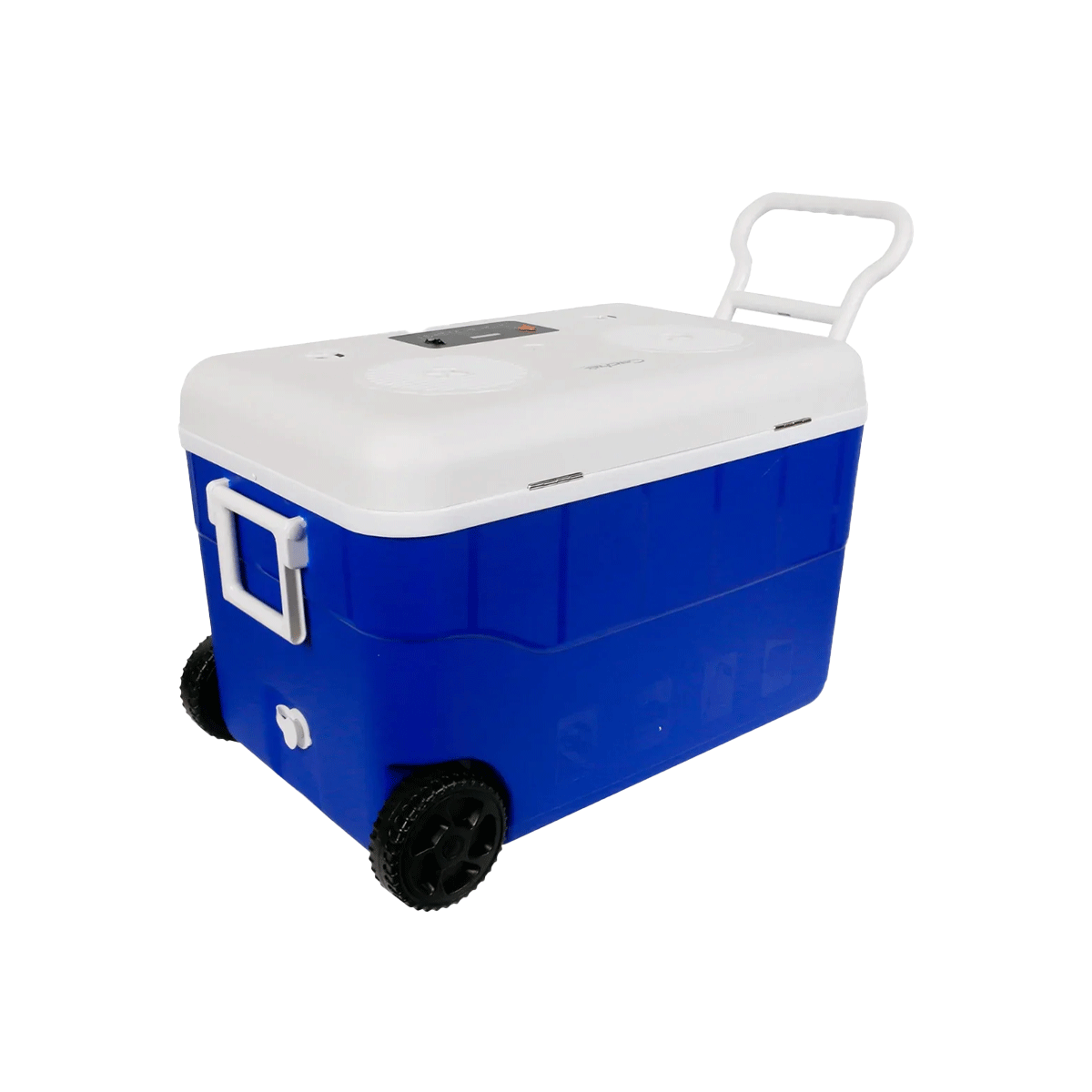 The 55QT Blue Cooler, model CVC65B, features a wheeled design for easy portability, a black spigot, sturdy white lid with recessed cup holders, handle for pulling, two black wheels, and built-in 6.5