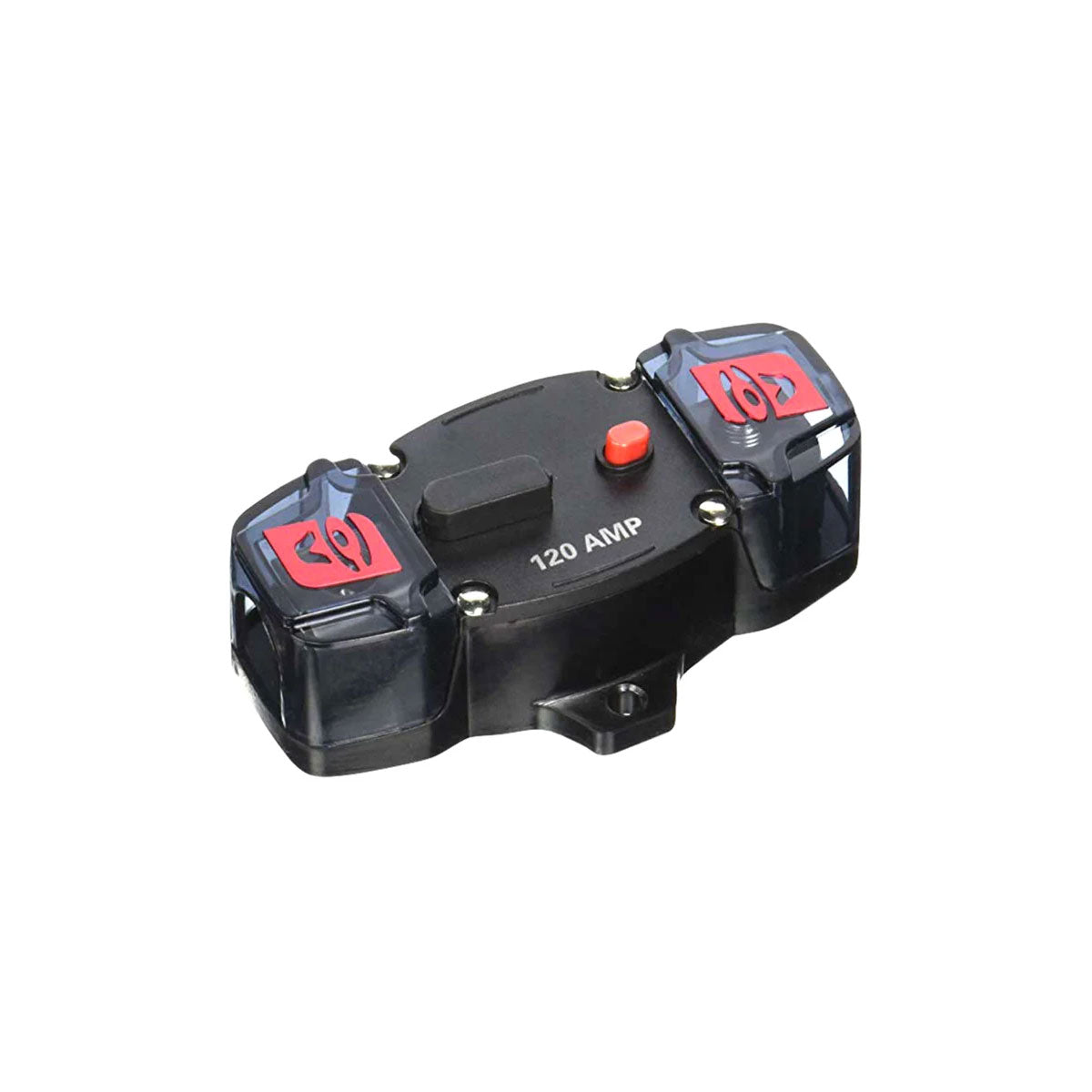 Image of a black rectangular Circuit Breaker 120A - CCB120, featuring a 120A rating with a red reset button on top and two red lever switches under transparent plastic covers for circuit protection.