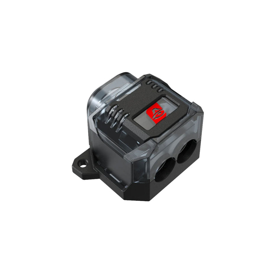 The Distribution Block DB124 is a sleek, compact electronic sensor in black and dark gray with a transparent casing. It features a red top button, dual front lenses, mounting hole for easy installation, and offers gauge outputs with reducers for seamless connectivity.