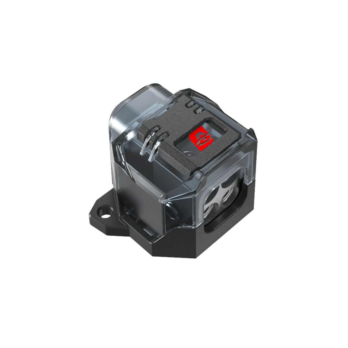 The DB148 is a compact, transparent, cube-shaped distribution block with a gray housing and a red internal component. It reveals its internal mechanisms and offers 4-8 gauge output capabilities, integrating effortlessly into larger electronic keyboards or devices.