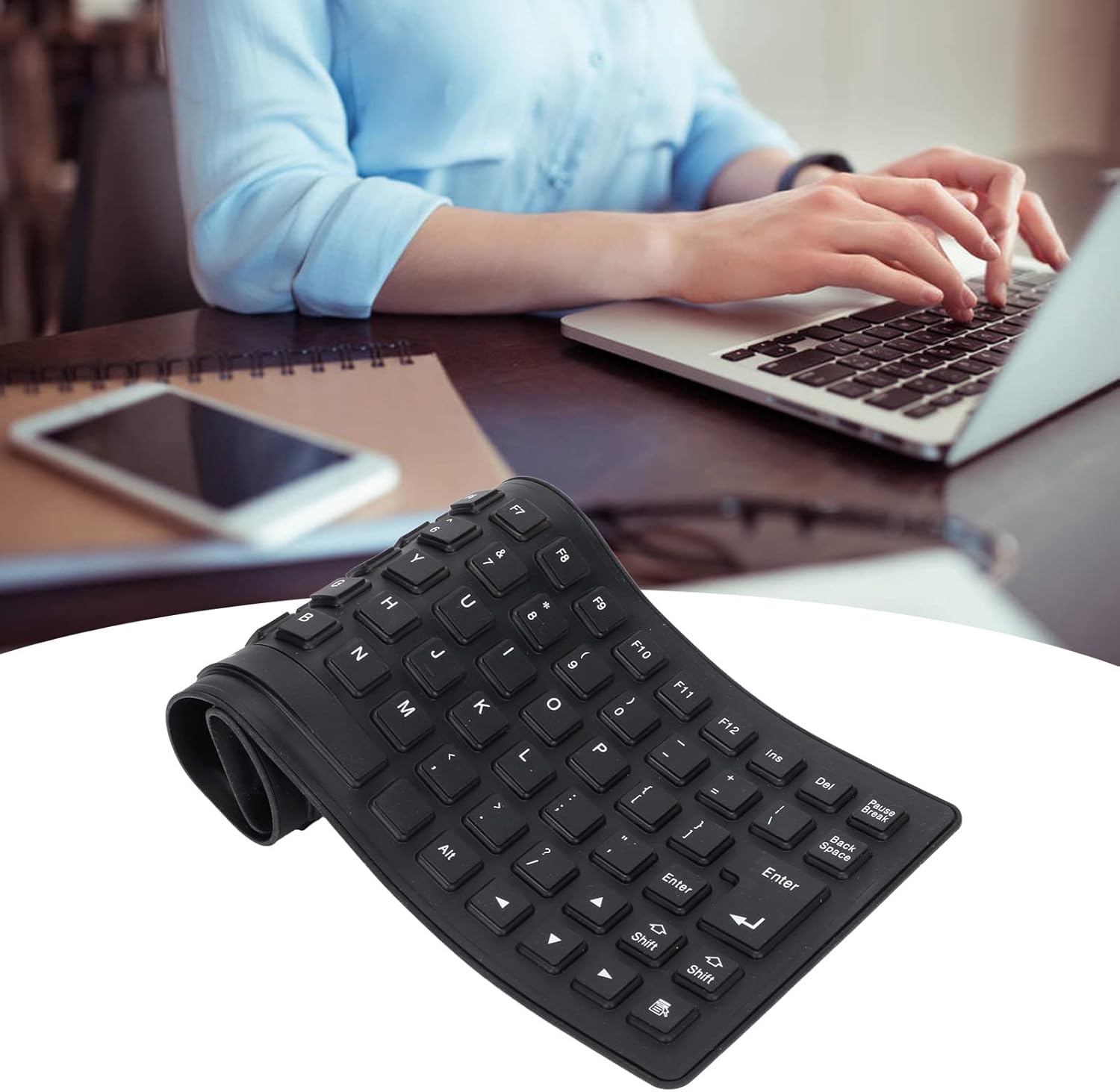 Foldable Silicone Rollup Keyboard, 85 Keys USB Wired QWERTY Flexible Slim Soft Silent Typing Travel for PC Notebook Laptop (Black)