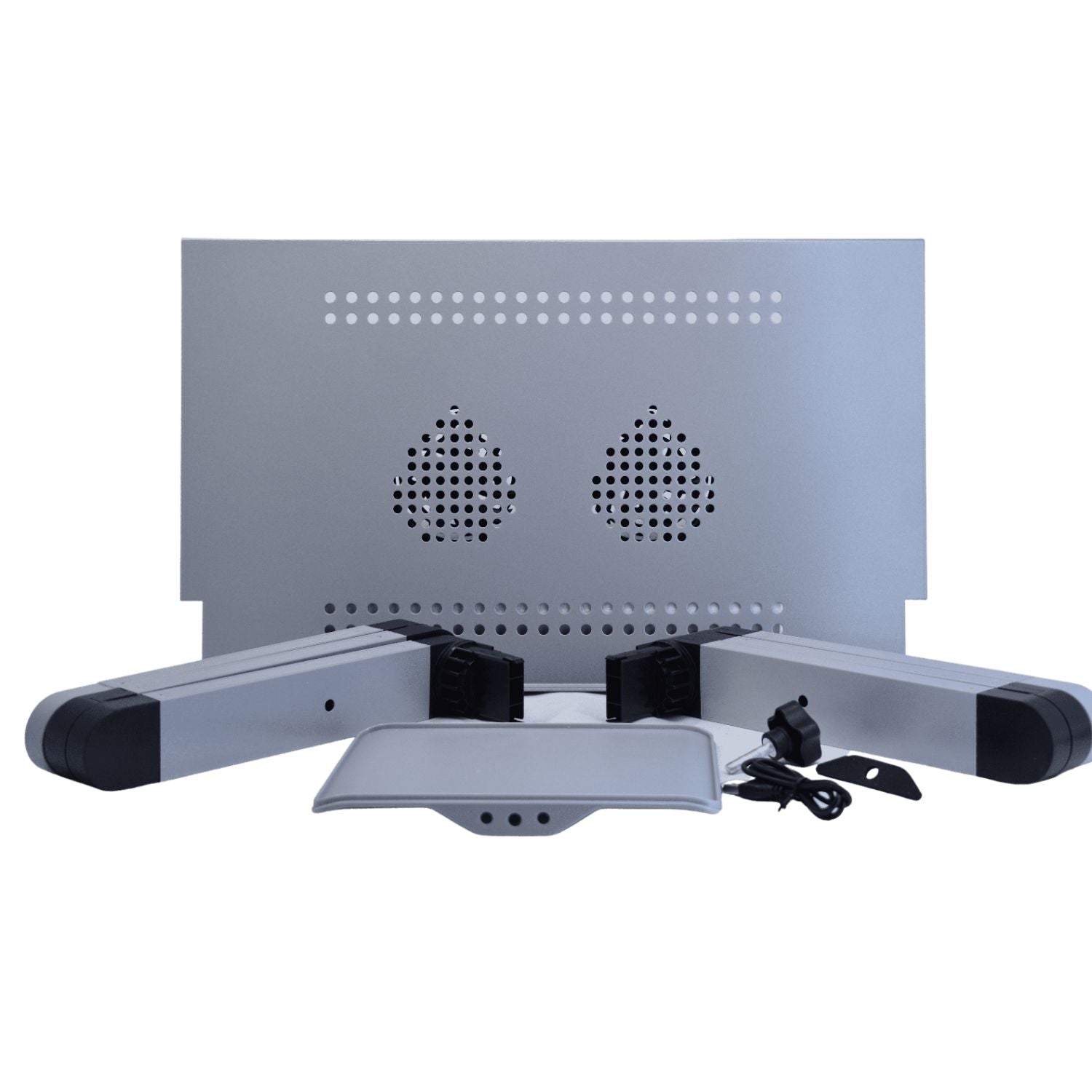 Adjustable Laptop Table Stand with Cooling Fan, Foldable Standing Desk & Non-Slip Mousepad (Silver)