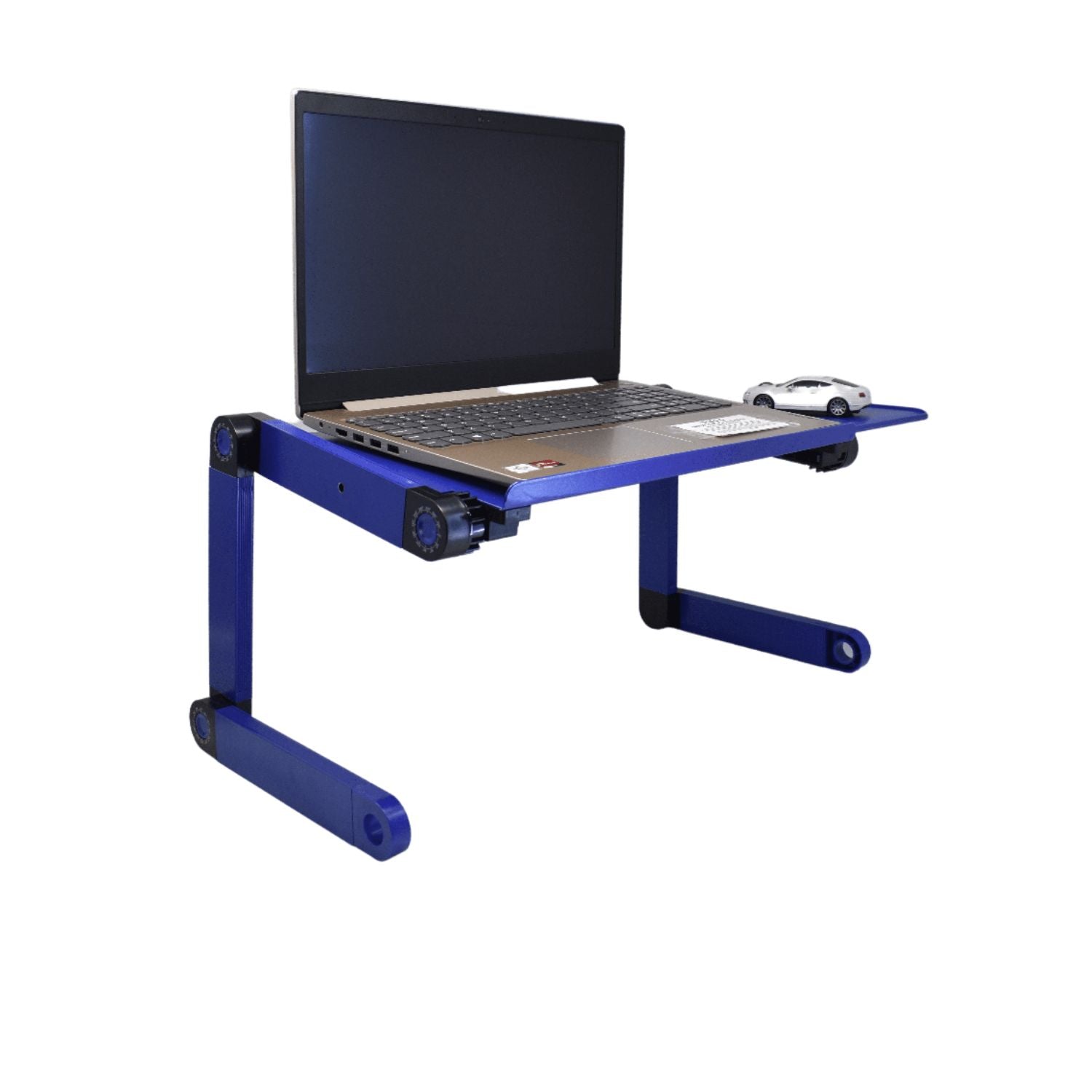 Adjustable Laptop Table Stand with Cooling Fan, Foldable Standing Desk & Non-Slip Mousepad (Blue)