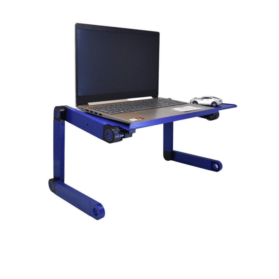 Adjustable Laptop Table Stand with Cooling Fan, Foldable Standing Desk & Non-Slip Mousepad (Blue)
