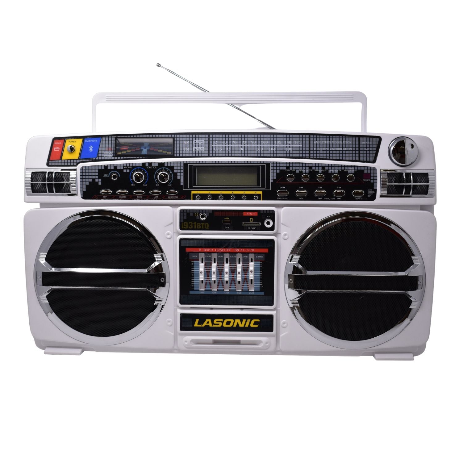 Lasonic Bluetooth Boombox Rechargeable 80s Style Ghetto Blaster I-931BT (White)
