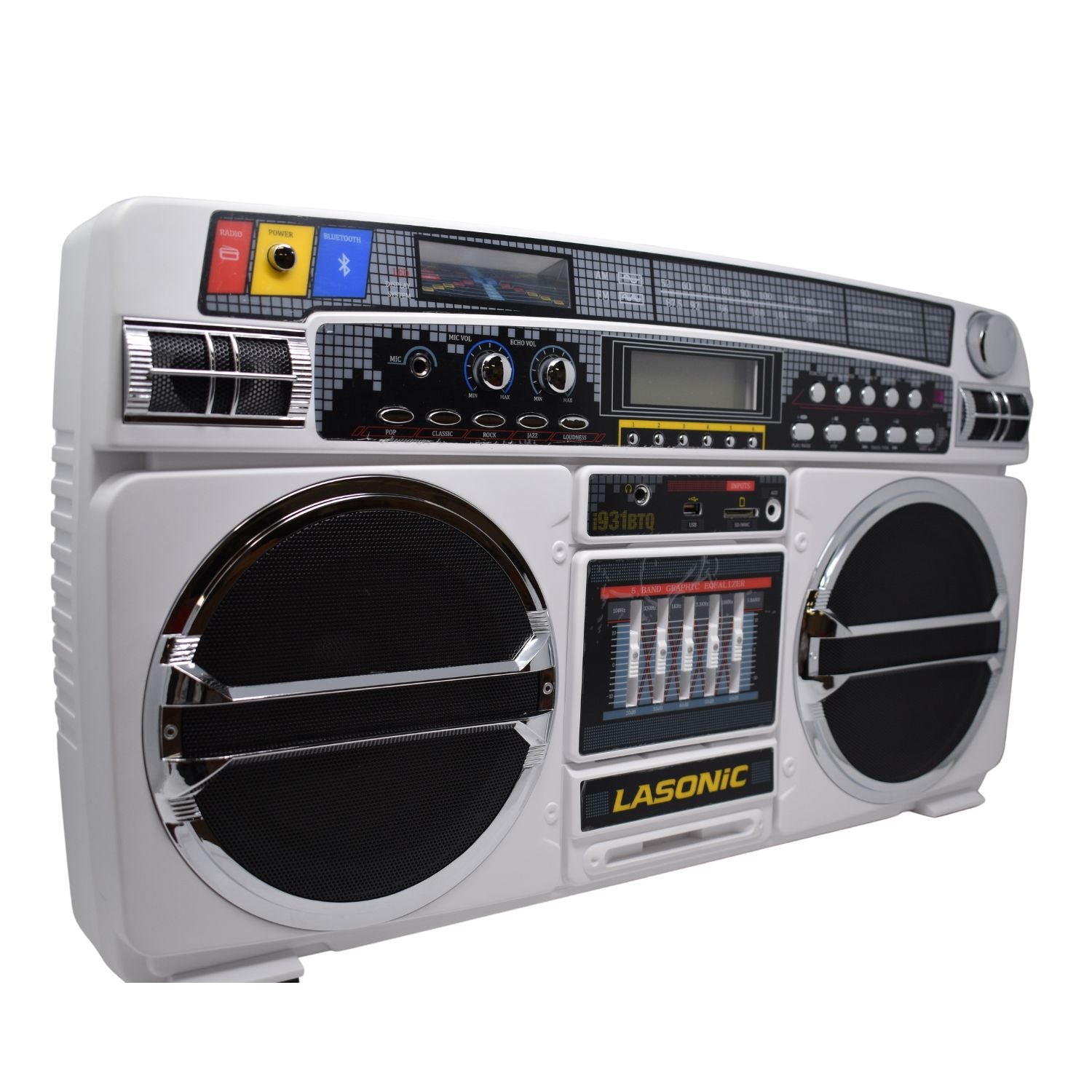 Lasonic Bluetooth Boombox Rechargeable 80s Style Ghetto Blaster I-931BT (White)