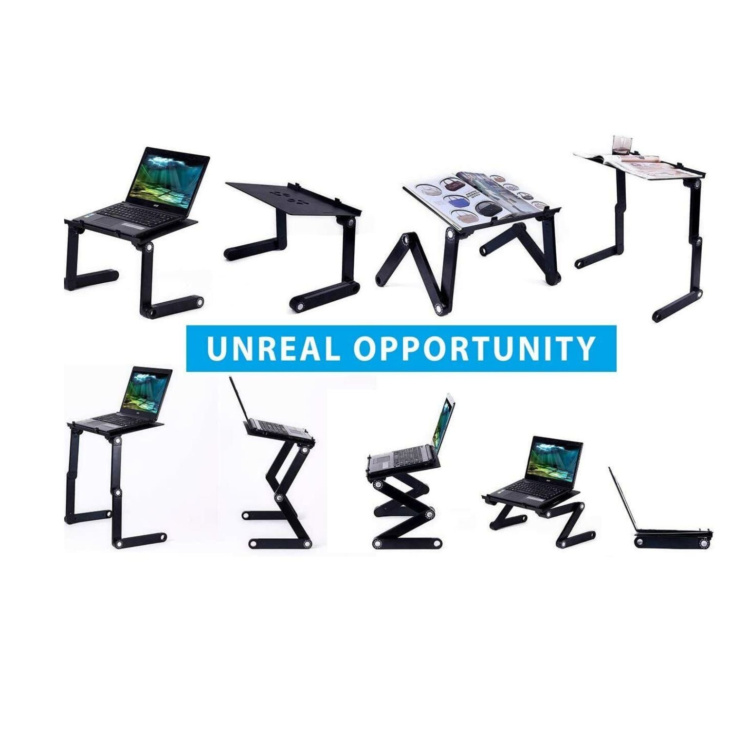 Adjustable Laptop Table Stand with Cooling Fan, Foldable Standing Desk & Non-Slip Mousepad (Silver)