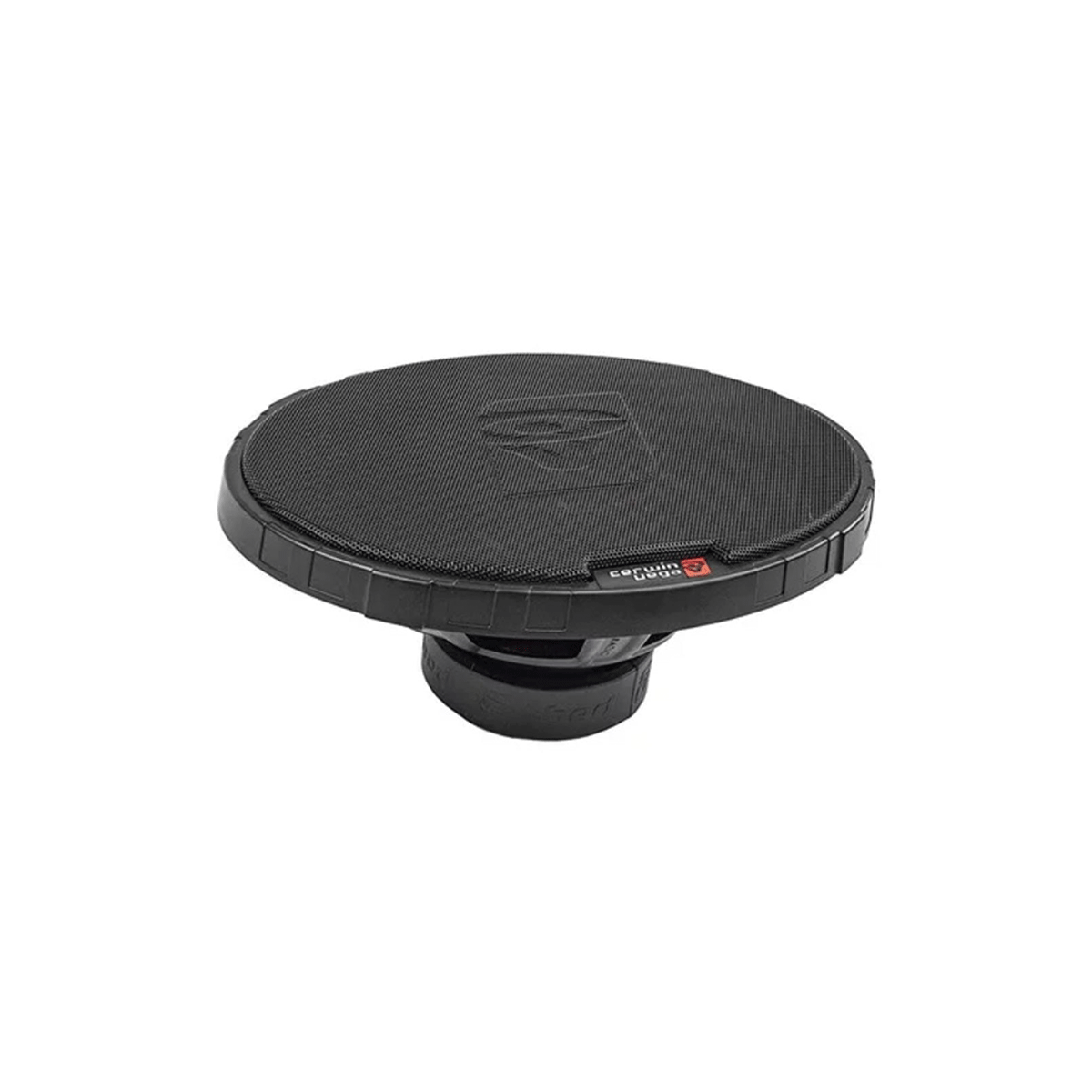 A black, round Cerwin-Vega car subwoofer with a textured surface is displayed on a white background. The top bears the Cerwin-Vega logo and there's a red and white side label. Its slightly narrower base ensures stability, enhanced by the robust 6
