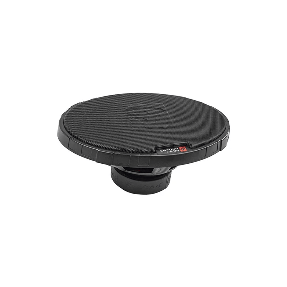 A black, round Cerwin-Vega car subwoofer with a textured surface is displayed on a white background. The top bears the Cerwin-Vega logo and there's a red and white side label. Its slightly narrower base ensures stability, enhanced by the robust 6