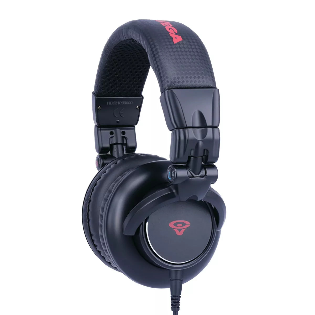 Professional Wired Headphones with a black, padded, textured headband featuring a red brand logo. Circular ear cups have a central red logo design. A single black cable extends from the left ear cup for wired connectivity.
