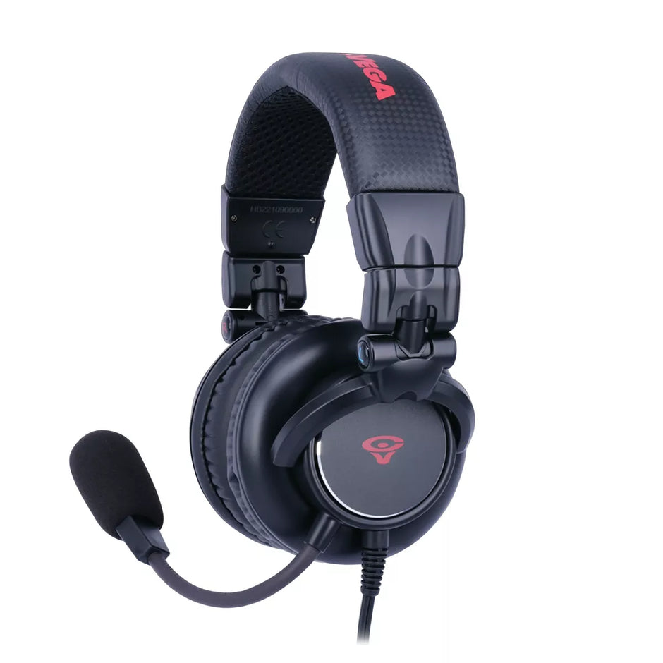 The Professional Wired Headphones with Microphone - HB2 are black over-ear gaming headsets with high-fidelity sound, a cushioned headband featuring a red logo, and an adjustable microphone on the left. The round ear cups connect via a flexible arm, with the cable extending from the left ear cup.