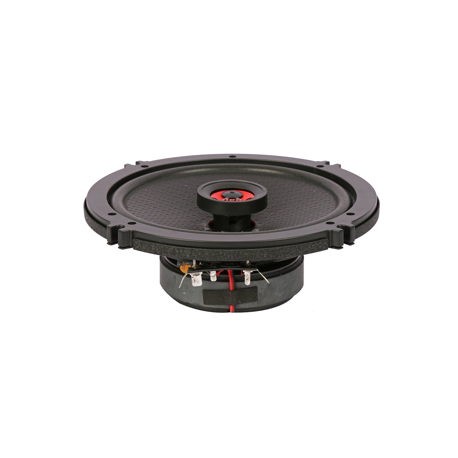 The Cerwin Vega HED 2025 Edition Coaxial Speaker - H652, a black cylindrical speaker, features a textured surface with a vibrant red center. Its conical shape includes multiple edge attachment points, visible wiring from the base, and robust metallic components.