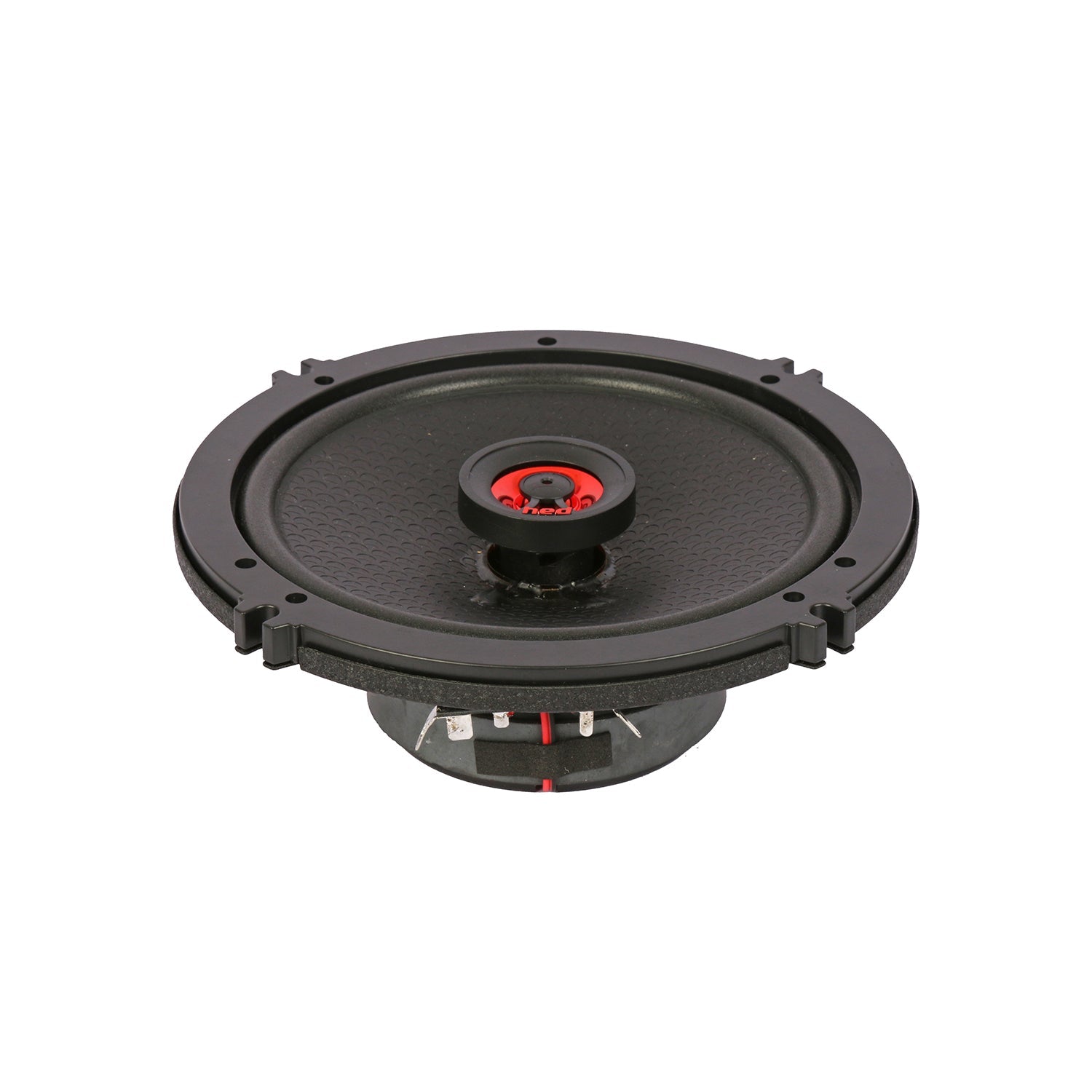 The round black HED 2025 Edition Coaxial Speaker (H652) features a textured diaphragm, red and black cone, circular mounting bracket with installation holes, and metallic housing, ideal for full range or coaxial audio systems.