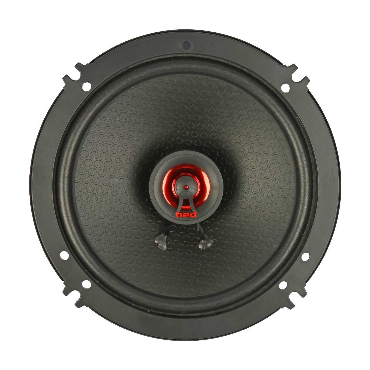 Close-up of a circular black coaxial speaker with a textured surface and a red cone labeled 