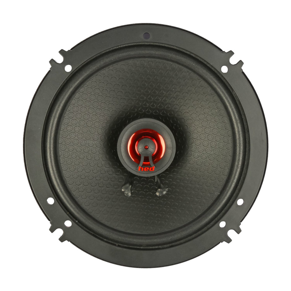 Close-up of a circular black coaxial speaker with a textured surface and a red cone labeled 