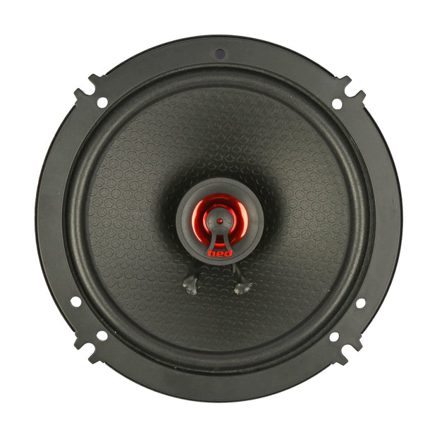 Close-up of a circular black coaxial speaker with a textured surface and a red cone labeled "hed," similar to the sleek, modern design of the Cerwin Vega HED 2025 Edition H652 6.5” 2-WAY Coaxial Full Range Speaker System.
