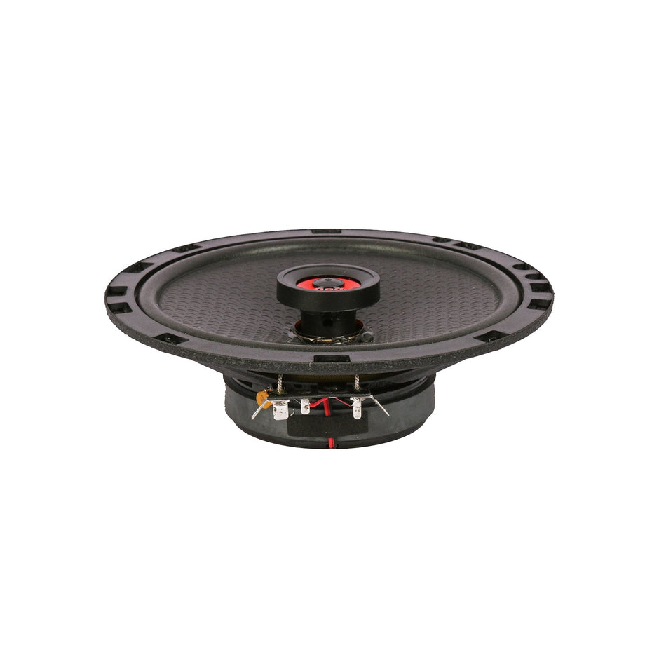 The HED 2025 Edition Coaxial Speaker (H672), a black circular 6.75” 2-way full-range speaker, boasts a textured cone with a red-accented dust cap. Its design includes evenly spaced mounting holes and visible connectors on the cylindrical base, enhancing its sleek appearance.