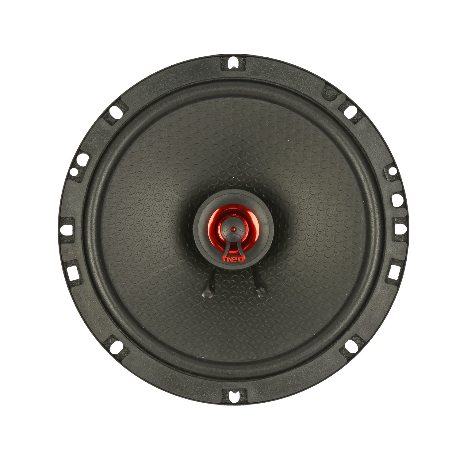 The HED 2025 Edition Coaxial Speaker, a sleek, modern 6.75” 2-way full-range system, features a round black design with a textured surface, multiple mounting holes, and a metallic red 