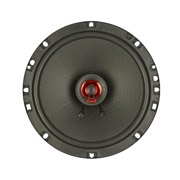 The HED 2025 Edition Coaxial Speaker, a sleek, modern 6.75” 2-way full-range system, features a round black design with a textured surface, multiple mounting holes, and a metallic red "hed" center for functionality and aesthetic appeal.