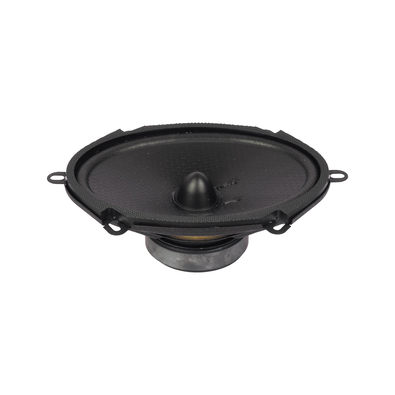 A black, oval-shaped HED 2025 Edition Component Speaker - 6X8” 2-Way Component Full Range Speaker System (H68C) with a textured surface and central cone. It has a metallic base with mounting holes, showcasing its sleek design on a white background.