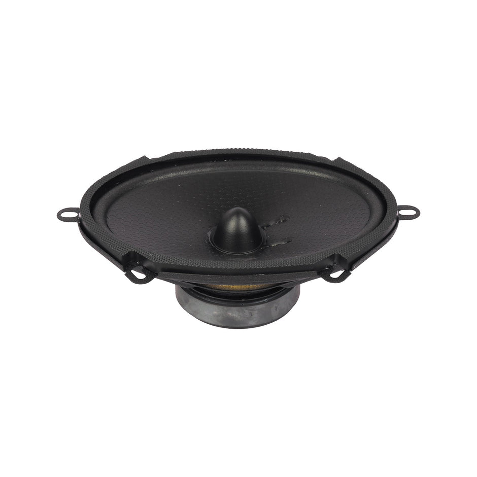 A black, oval-shaped HED 2025 Edition Component Speaker - 6X8” 2-Way Component Full Range Speaker System (H68C) with a textured surface and central cone. It has a metallic base with mounting holes, showcasing its sleek design on a white background.