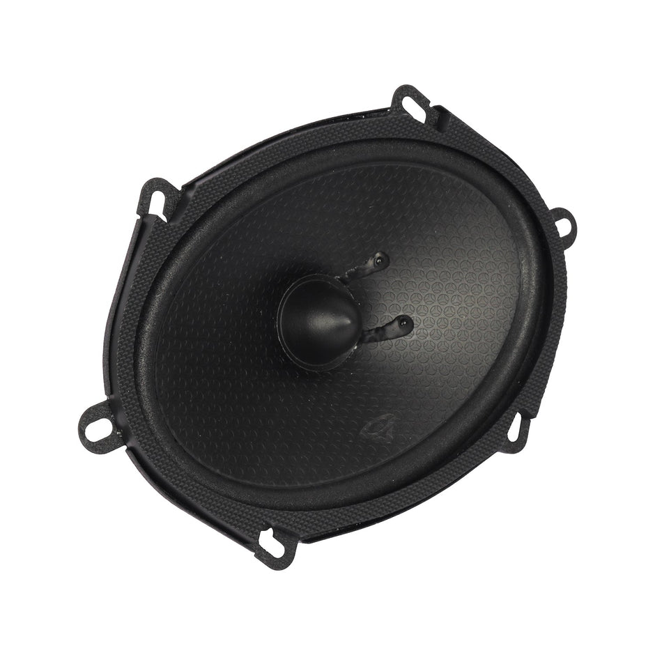 Close-up of a black, oval HED 2025 Edition Component Speaker - H68C with a textured surface. Featuring a central dome tweeter and four corner mounting brackets, its honeycomb texture enhances the modern design. Inspired by Cerwin Vega HED, it stands out against the plain white background.