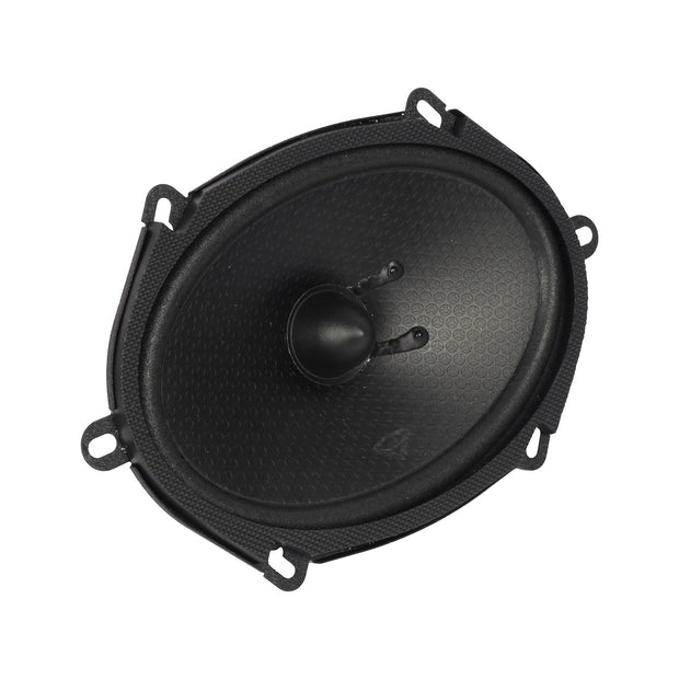 Close-up of a black, oval HED 2025 Edition Component Speaker - H68C with a textured surface. Featuring a central dome tweeter and four corner mounting brackets, its honeycomb texture enhances the modern design. Inspired by Cerwin Vega HED, it stands out against the plain white background.