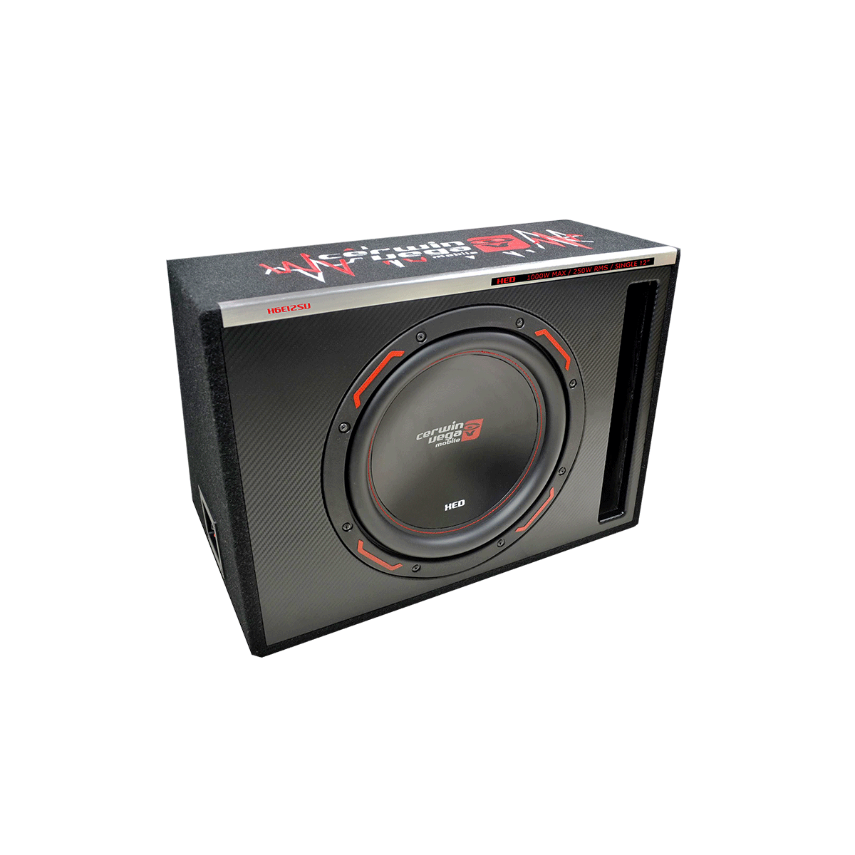 The HED Subwoofer Enclosures feature a black box with red and silver accents. The 