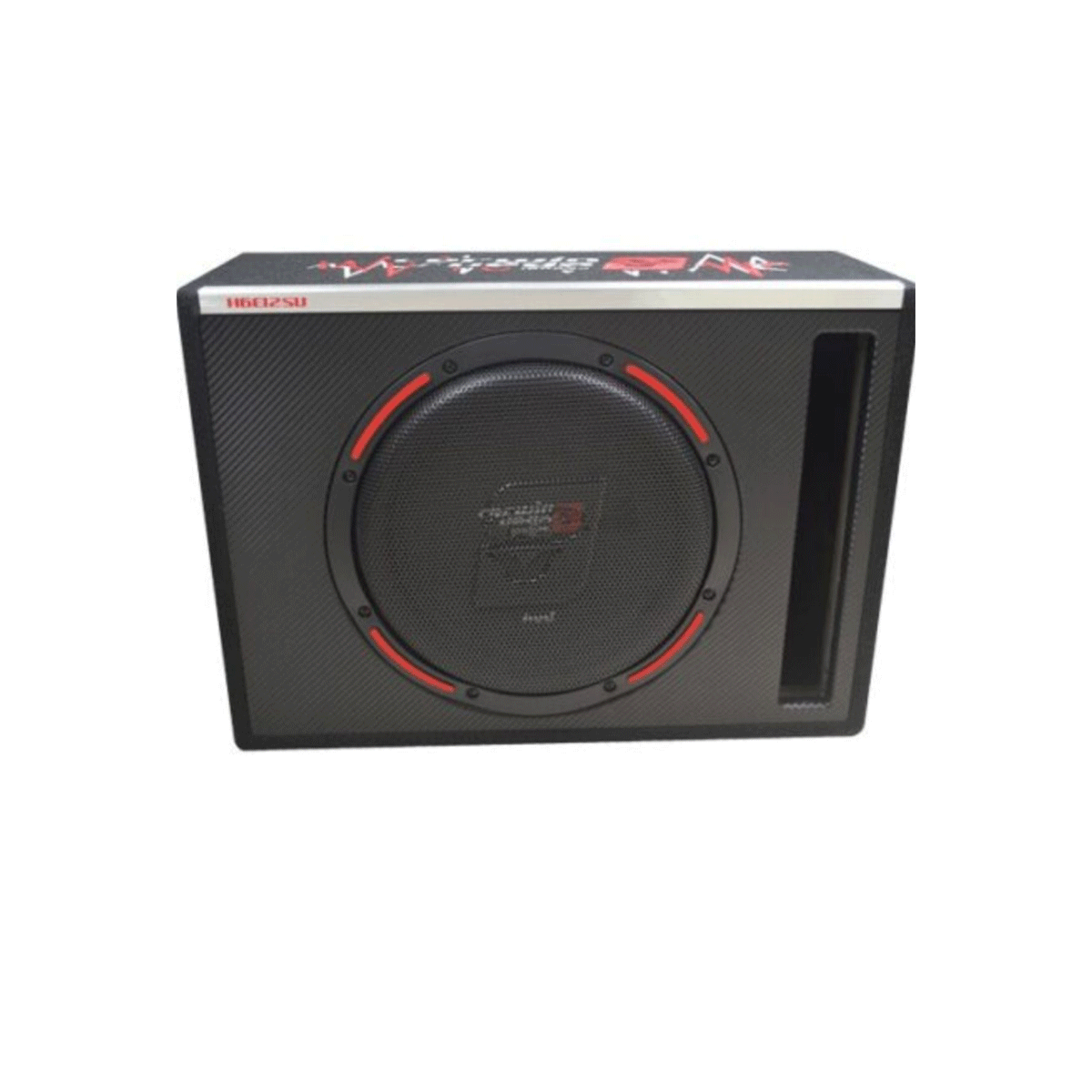 The HED Subwoofer Enclosure is a black rectangular box with a front-facing speaker, featuring a central logo and red accents. The top includes additional text and graphics. There's a vertical port on the right side, all set against a white background.