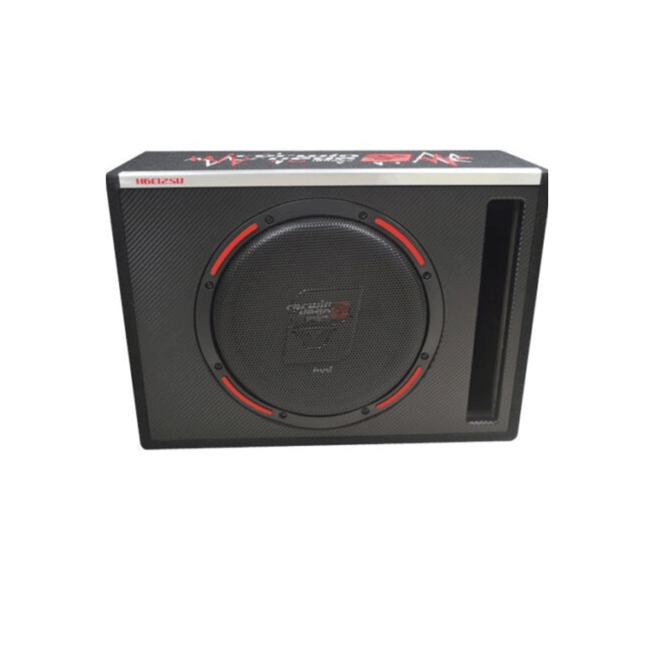 The HED Subwoofer Enclosure is a black rectangular box with a front-facing speaker, featuring a central logo and red accents. The top includes additional text and graphics. There's a vertical port on the right side, all set against a white background.
