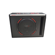 The HED Subwoofer Enclosure is a black rectangular box with a front-facing speaker, featuring a central logo and red accents. The top includes additional text and graphics. There's a vertical port on the right side, all set against a white background.