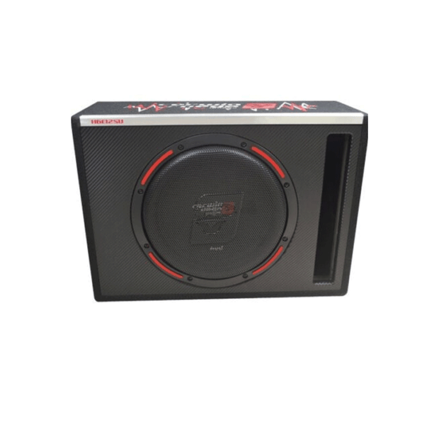 The HED Series 12" Vented Subwoofer Enclosure (Passive) - H6E12SV features a black rectangular enclosure with a large central cone, "D Series" red logo on top, side air vent, white side text, and a carbon fiber-like textured finish.