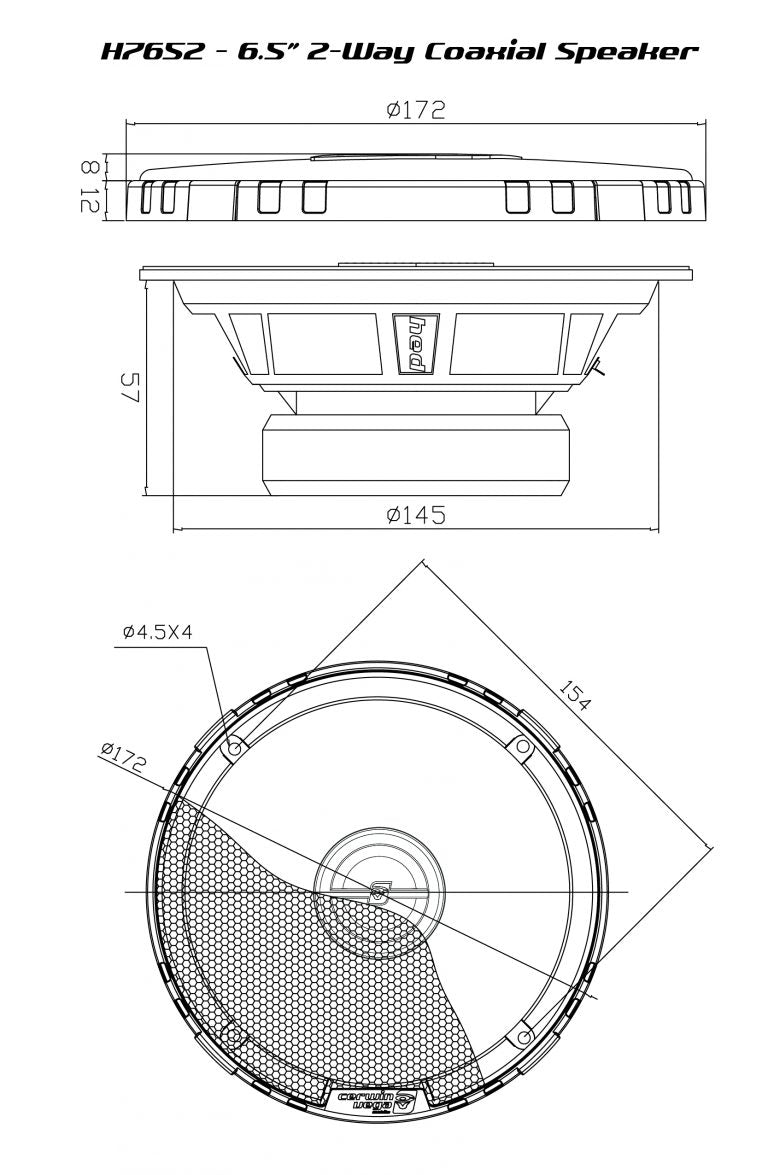 The technical drawing of the HP652 coaxial speaker, akin to Cerwin Vega's HED Series H7652, shows a top view with a 145mm diameter featuring evenly spaced 4.5mm mounting holes and a side profile with a 57mm depth, ideal for upgrading your vehicle's audio system.
