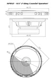 The technical drawing of the HP652 coaxial speaker, akin to Cerwin Vega's HED Series H7652, shows a top view with a 145mm diameter featuring evenly spaced 4.5mm mounting holes and a side profile with a 57mm depth, ideal for upgrading your vehicle's audio system.