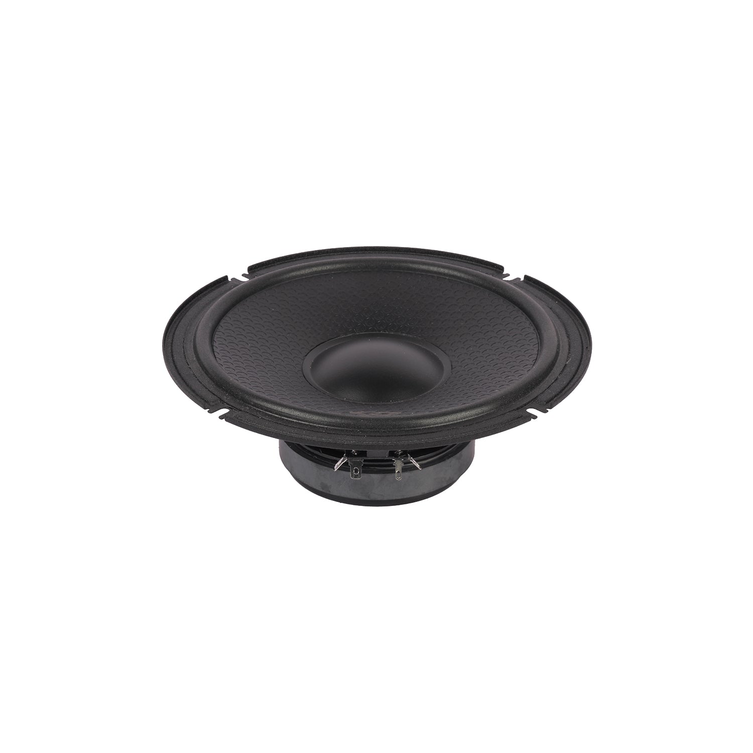 A black speaker cone, part of the Cerwin Vega HED 2025 Edition Component Speaker (H80C), has a circular shape and textured surface with a central dome framed by a smooth outer rim. Set against a white background, this 8