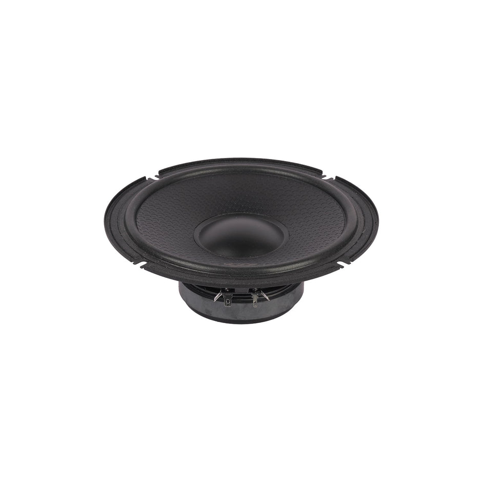 A black speaker cone, part of the Cerwin Vega HED 2025 Edition Component Speaker (H80C), has a circular shape and textured surface with a central dome framed by a smooth outer rim. Set against a white background, this 8