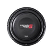 Close-up of a round HED Series Subwoofer by Cerwin-Vega Mobile, featuring a black casing and the logo in white and red on a black center. The sleek design, with 