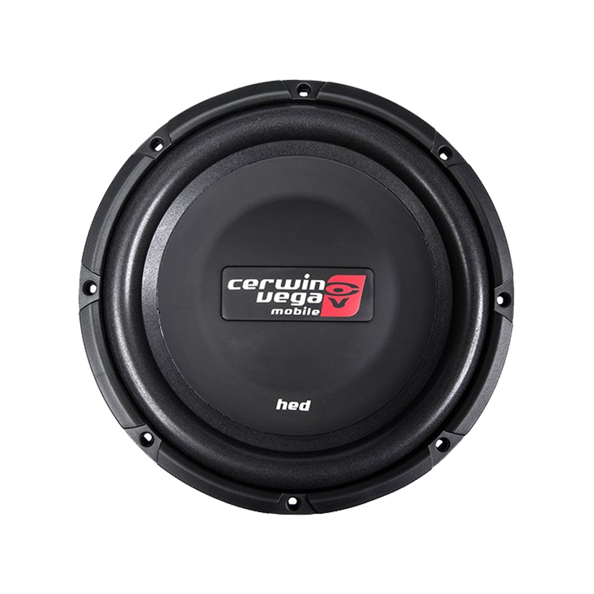 Close-up of a round HED Series Subwoofer by Cerwin-Vega Mobile, featuring a black casing and the logo in white and red on a black center. The sleek design, with 