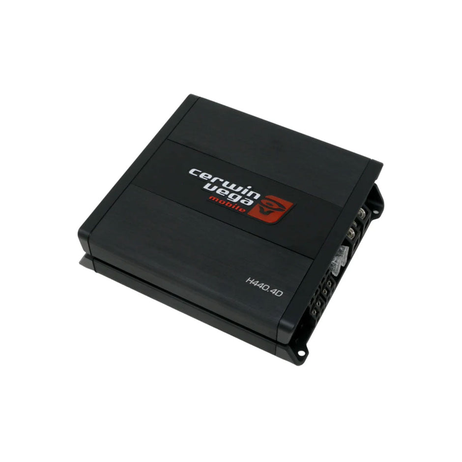 The HED 4 Channel 440W Class-D Digital Amplifier (H440.4D) features sleek black design, 